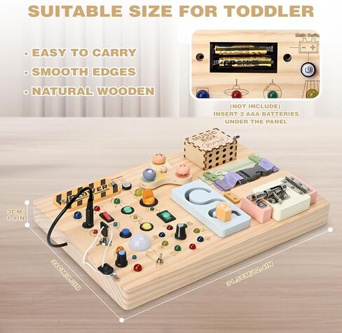 Joyreal Wooden Busy Board Montessori Toys for Toddlers, Sensory Activity Board with LED Lights, Music Box & Locks, Educational Learning Toy Gifts for Boys and Girls in Kuwait