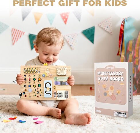Joyreal Wooden Busy Board Montessori Toys for Toddlers, Sensory Activity Board with LED Lights, Music Box & Locks, Educational Learning Toy Gifts for Boys and Girls in Kuwait