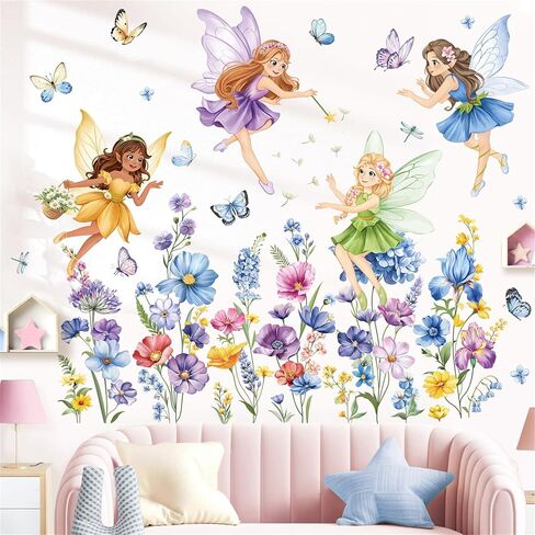 decalmile Pink Flower Fairy Peony Flower Vine Elf Wall Decals Stickers in Kuwait