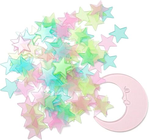 100 Stars & 1 Moon Glow in the Dark Stars for Ceiling | Pink Glowing Wall Stickers with Adhesive Pads, Plastic Luminous Fluorescent 3D Glowing Star for Boys and Girls Room Decor in Kuwait