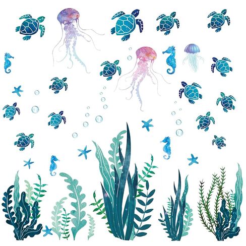 Nuanchu 28pcs Under the Sea Wall Decals, Sea Turtle Jellyfish Ocean Grass Seaweed Peel & Stick Underwater Wall Stickers for Kids Bedroom Bathroom Toilet Nursery in Kuwait