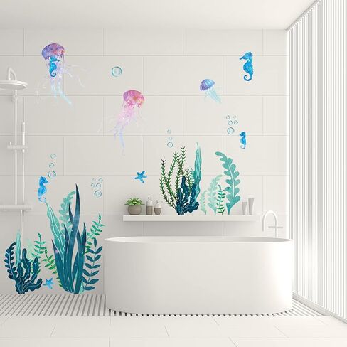Nuanchu 28pcs Under the Sea Wall Decals, Sea Turtle Jellyfish Ocean Grass Seaweed Peel & Stick Underwater Wall Stickers for Kids Bedroom Bathroom Toilet Nursery in Kuwait