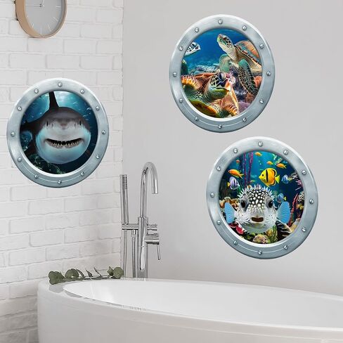 Runtoo Under The Sea Wall Decals Stickers 3D Shark Sea Turtle Window Clings for Kids Room Nursery Bedroom Bathroom Home Decor [3PCS] in Kuwait