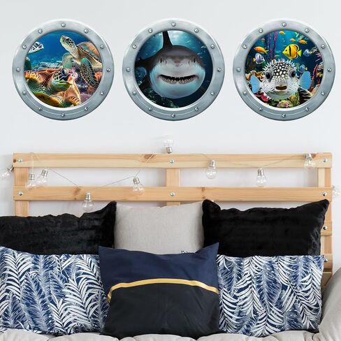 Runtoo Under The Sea Wall Decals Stickers 3D Shark Sea Turtle Window Clings for Kids Room Nursery Bedroom Bathroom Home Decor [3PCS] in Kuwait