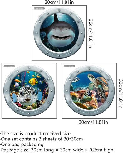 Runtoo Under The Sea Wall Decals Stickers 3D Shark Sea Turtle Window Clings for Kids Room Nursery Bedroom Bathroom Home Decor [3PCS] in Kuwait