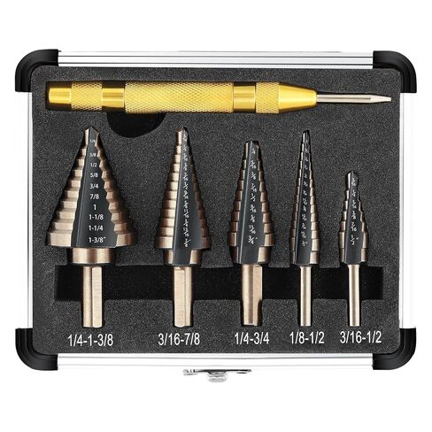 COMOWARE Step Drill Bit Set 5-Piece Titanium-Coated with Automatic Center Punch - Short Length, Double Cutting Blades, High-Speed Steel - Covering 50 Sizes, Complete with Aluminum Case in Kuwait