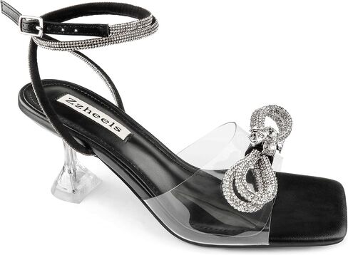 Zzheels Double Bowknots Crystal Clear Shoes Strappy Sandals | Clear Slingback Heels, Rhinesotne Bow Sandals, Square Toe, Elegant Heels in Kuwait