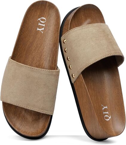 QIY Platform Slides Sandals for Women Studded Slip-on Arch Support Sandals | Wood-grain Sole, Comfortable Summer Wedge Slides Casual Beach Vacation Cushion Footbed Retro Comfortable Shoes in Kuwait