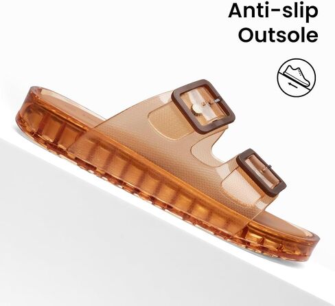 Pool Slides for Women Non-Slip Beach Brown Sandals Size 10 | Clear PVC, Water Resistant, Quick Dry, Adjustable Double Strap, Slip on, Cushioned Footbed, for Casual, Shower, Vacation in Kuwait