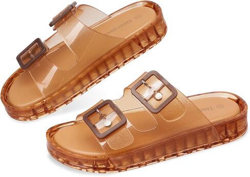 Pool Slides for Women Non-Slip Beach Brown Sandals Size 10 | Clear PVC, Water Resistant, Quick Dry, Adjustable Double Strap, Slip on, Cushioned Footbed, for Casual, Shower, Vacation in Kuwait