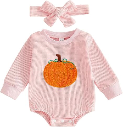 Newborn Baby Girl Halloween Outfit Long Sleeve Pumpkin Romper with Headband | Infant Girl Halloween Clothes Waffle Romper Long Sleeve Pumpkin Embroidery Crewneck Romper Bodysuit with Headband in Kuwait