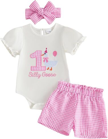 Baby Girl 1st First Birthday Outfit One Silly Goose Romper Short Sleeve Onesie Plaid Shorts Set Cake Smash Clothes in Kuwait