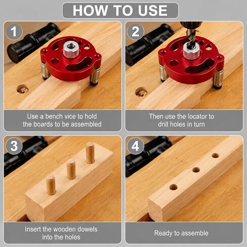Self Centering Dowel Jig Kit, Drill Guide Locator for Woodworking with 6/8/10mm Drill Bushings 3 Drill Bits (1/4'',3/8'',5/16''), Accurate Straight Hole Puncher for Shelves, Tables & Cabinet Joinery in Kuwait