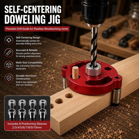 Self Centering Dowel Jig Kit, Drill Guide Locator for Woodworking with 6/8/10mm Drill Bushings 3 Drill Bits (1/4'',3/8'',5/16''), Accurate Straight Hole Puncher for Shelves, Tables & Cabinet Joinery in Kuwait