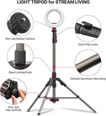 VIJIM Light Tripod Stand for Live Streaming, 6.2ft Lightweight Aluminum Light Stand with One-Click Pop-up Design, Adjustable Photographic Stand w/ 11lb Load Capacity, Compatible w/Camera/DSLR/Light in Kuwait