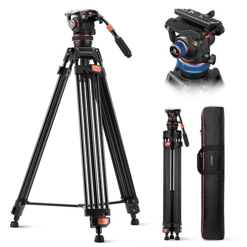 K&F CONCEPT 75" Video Tripod Heavy Duty Camera Tripod Stand | 360° Fluid Head, 17.6lb Max Load, QR Plate for Canon/Nikon/Sony DSLR & Camcorder, VA3+BV10 in Kuwait