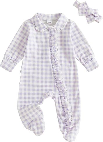 Seyurigaoka Newborn Baby Girl Ruffle Gingham Footless Romper | 0 3 6 Months Infant Long Sleeve Zipper Jumpsuit, Peter Pan Collar, Going Home Outfits, Fall Winter Clothes in Kuwait