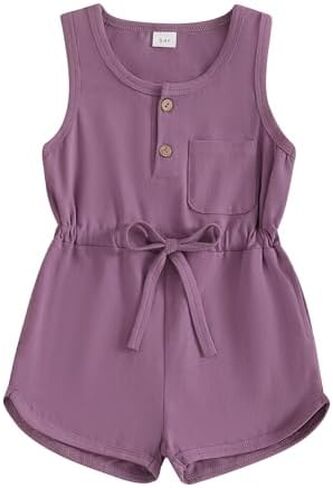 woshilaocai Toddler Baby Girl Sleeveless Drawstring Jumpsuit Romper | Kids Summer One Piece Romper with Pockets, 18 Months- 6 Years Old Little Girls Jumpsuit Shortalls, Solid Color Cute Overalls in Saudi Arabia