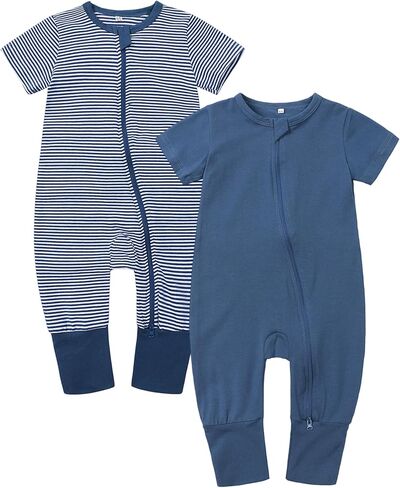 Baby Boy Girl Infant Rompers Short Sleeve Cotton Zipper Footless Summer | 2 pack soft romper, breathable, solid outfits, one piece jumpsuits clothes in Saudi Arabia