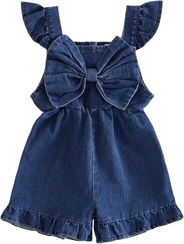 Toddler Baby Girl Summer Clothes Bow Ruffle Sleeveless Denim Romper Jumpsuit Shorts Overalls One Piece Outfit in Kuwait