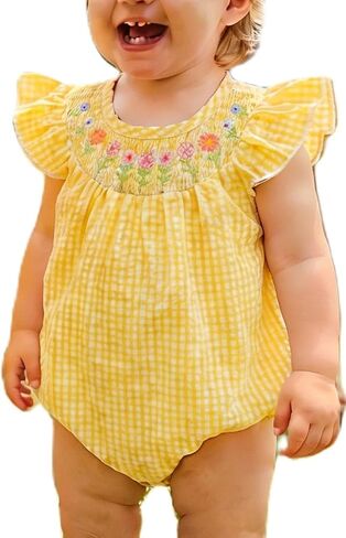 Cute Smocked Bubble Romper Western Baby Girl Clothes Gingham Embroidery Rompers Baby Girl Rodeo Outfit in Kuwait