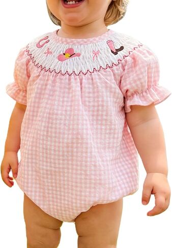 Cute Smocked Bubble Romper Western Baby Girl Clothes Gingham Embroidery Rompers Baby Girl Rodeo Outfit in Kuwait