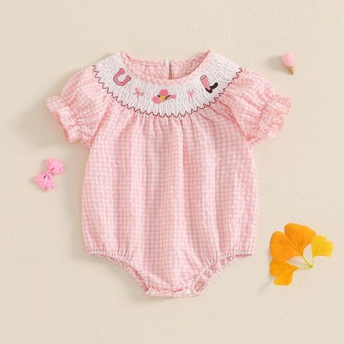 Cute Smocked Bubble Romper Western Baby Girl Clothes Gingham Embroidery Rompers Baby Girl Rodeo Outfit in Kuwait