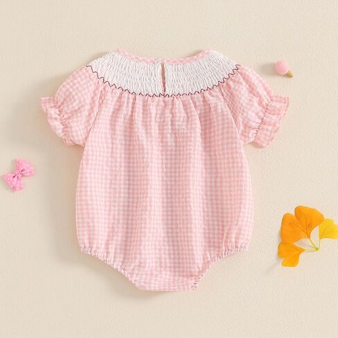 Cute Smocked Bubble Romper Western Baby Girl Clothes Gingham Embroidery Rompers Baby Girl Rodeo Outfit in Kuwait