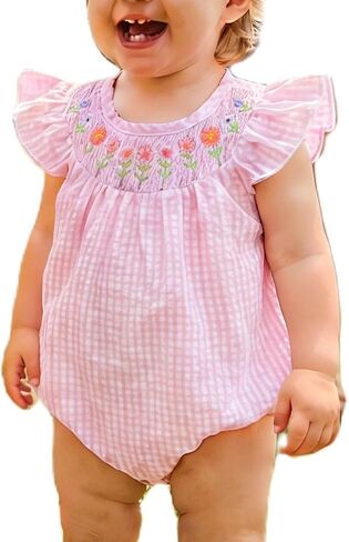 Cute Smocked Bubble Romper Western Baby Girl Clothes Gingham Embroidery Rompers Baby Girl Rodeo Outfit in Kuwait