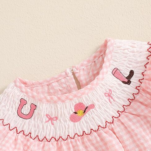Cute Smocked Bubble Romper Western Baby Girl Clothes Gingham Embroidery Rompers Baby Girl Rodeo Outfit in Kuwait