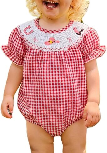 Cute Smocked Bubble Romper Western Baby Girl Clothes Gingham Embroidery Rompers Baby Girl Rodeo Outfit in Kuwait