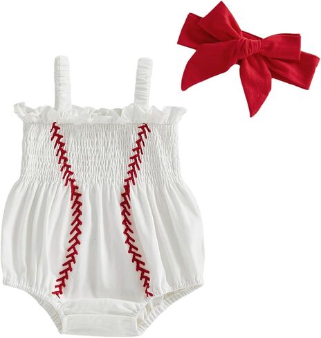 Honganda Baby Girl Baseball Romper Sleeveless Baseball Embroidered Smocked Romper with Headband Summer Outfit in Kuwait