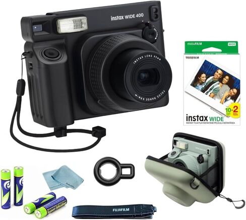 FujiFilm Instax Wide 400 Black Instant Camera Bundle - Includes Twin Pack Wide Frame Film, BluebirdSales Carrying Case, Cleaning Cloth, and 4 AA Batteries - Portable in Kuwait