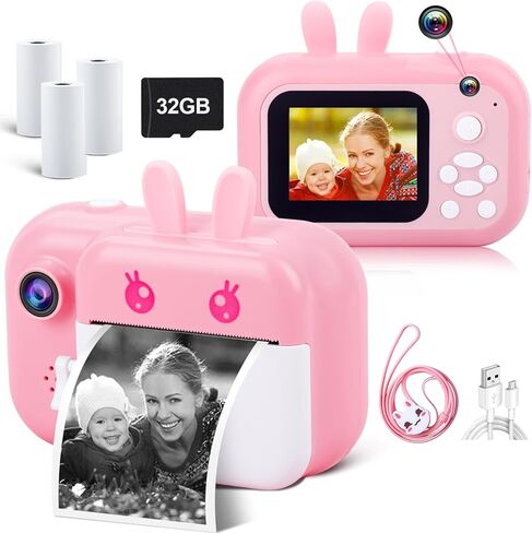 MINIBEAR Kids Instant Print Camera for Girls Boys Age 3-12, Blue | Dual-Lens 40MP Kids Digital Camera, Christmas Birthday Gifts, 1080P HD Portable Toddler Toy, 3 Rolls Print Paper & 32GB Card in Kuwait