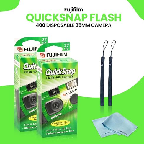 Fujifilm QuickSnap Flash 400 Disposable 35mm Camera • 4 Pack • 4 Hand Straps • 2 BluebirdSales Microfiber Cloth, Green, 7033661 in Kuwait