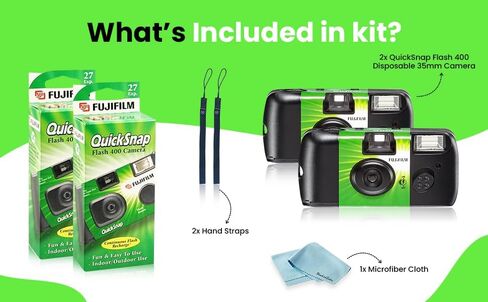 Fujifilm QuickSnap Flash 400 Disposable 35mm Camera • 4 Pack • 4 Hand Straps • 2 BluebirdSales Microfiber Cloth, Green, 7033661 in Kuwait