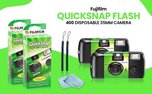 Fujifilm QuickSnap Flash 400 Disposable 35mm Camera • 4 Pack • 4 Hand Straps • 2 BluebirdSales Microfiber Cloth, Green, 7033661 in Kuwait