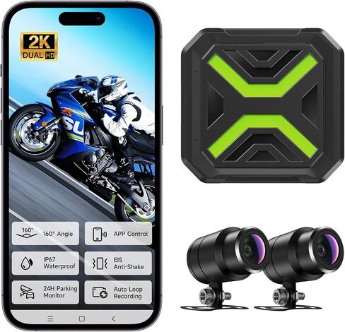 Motorcycle Dash Cam, Dual 2K Motorcycle Camera with EIS Anti-Shake Dash Cam for Motorcycle with 24H Parking Monitor, Night Vision,Loop Recording, App Control, Max Support 128 GB in Kuwait