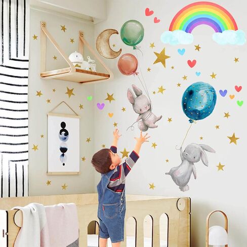 Luminous Little Rabbit Wall Stickers, Peel-And-Stick Animal Stickers, Cartoon Little Rabbits, Hot Air Balloons, Rainbows, Moon, Star Stickers, Suitable For Bedroom, Classroom, Playroom Wall Decoration in Kuwait