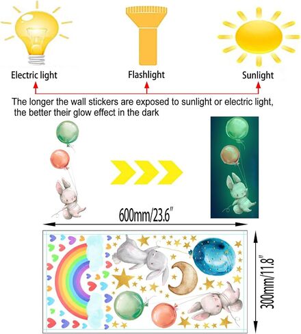 Luminous Little Rabbit Wall Stickers, Peel-And-Stick Animal Stickers, Cartoon Little Rabbits, Hot Air Balloons, Rainbows, Moon, Star Stickers, Suitable For Bedroom, Classroom, Playroom Wall Decoration in Kuwait