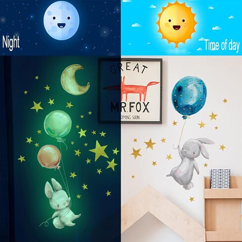 Luminous Little Rabbit Wall Stickers, Peel-And-Stick Animal Stickers, Cartoon Little Rabbits, Hot Air Balloons, Rainbows, Moon, Star Stickers, Suitable For Bedroom, Classroom, Playroom Wall Decoration in Kuwait