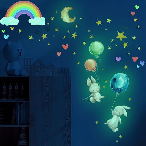 Luminous Little Rabbit Wall Stickers, Peel-And-Stick Animal Stickers, Cartoon Little Rabbits, Hot Air Balloons, Rainbows, Moon, Star Stickers, Suitable For Bedroom, Classroom, Playroom Wall Decoration in Kuwait