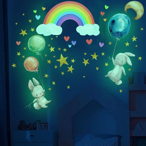 Luminous Little Rabbit Wall Stickers, Peel-And-Stick Animal Stickers, Cartoon Little Rabbits, Hot Air Balloons, Rainbows, Moon, Star Stickers, Suitable For Bedroom, Classroom, Playroom Wall Decoration in Kuwait