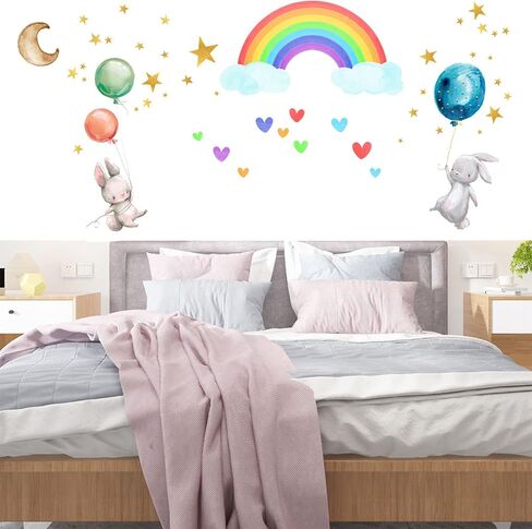 Luminous Little Rabbit Wall Stickers, Peel-And-Stick Animal Stickers, Cartoon Little Rabbits, Hot Air Balloons, Rainbows, Moon, Star Stickers, Suitable For Bedroom, Classroom, Playroom Wall Decoration in Kuwait