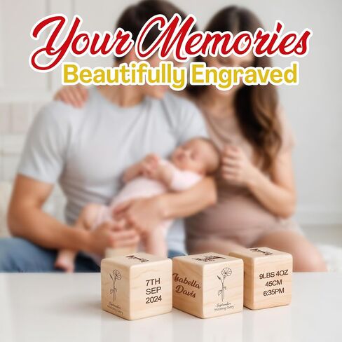 Custom Engraved Wood Name Blocks – Personalized Baby Name Sign and Nursery Décor – Solid Wooden Blocks with Birth Flower Design – Unique Customized Gift for Newborns and Thoughtful Nursery Decoration in Kuwait