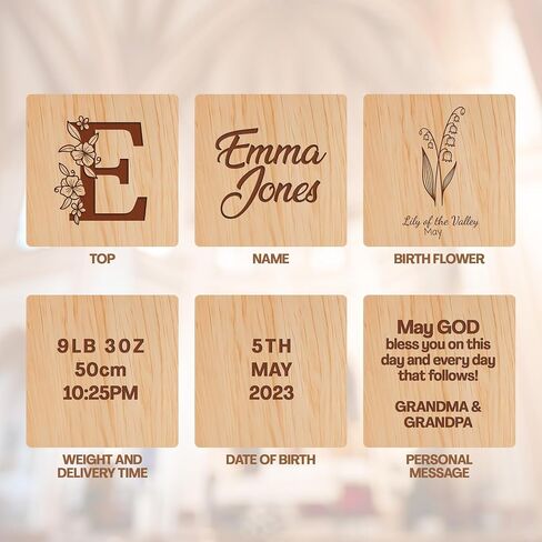 Custom Engraved Wood Name Blocks – Personalized Baby Name Sign and Nursery Décor – Solid Wooden Blocks with Birth Flower Design – Unique Customized Gift for Newborns and Thoughtful Nursery Decoration in Kuwait