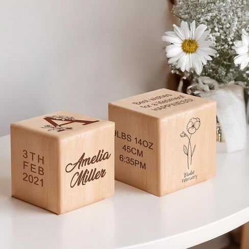 Custom Engraved Wood Name Blocks – Personalized Baby Name Sign and Nursery Décor – Solid Wooden Blocks with Birth Flower Design – Unique Customized Gift for Newborns and Thoughtful Nursery Decoration in Kuwait
