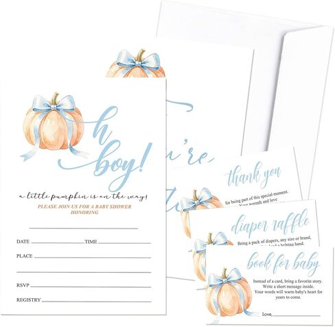 Pumpkin Baby Shower Invitations Set For Girl & Boy, Blue Bow Baby Shower Invites With Envelopes Including Thank You Card Book Card & Diaper Raffle Tickets, Gender Reveal Party Decoration -B02 in Kuwait