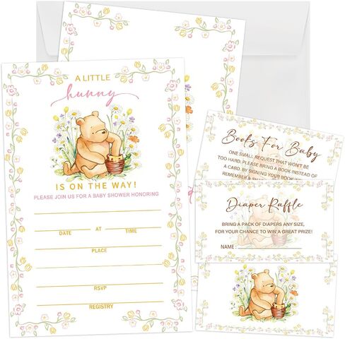 Lesixur Gold Floral Bear Baby Shower Card Set, 25 Baby Shower Invitations, Including Book Cards And Diaper Cards,Suitable For Party Invitations, Gender Reveal Games, And Party Supplies-29 in Kuwait