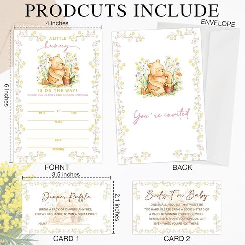 Lesixur Gold Floral Bear Baby Shower Card Set, 25 Baby Shower Invitations, Including Book Cards And Diaper Cards,Suitable For Party Invitations, Gender Reveal Games, And Party Supplies-29 in Kuwait